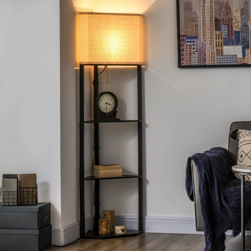 HOMCOM Corner Floor Lamp with Shelves, Modern Tall Standing Lamps with Chain Switch, Black