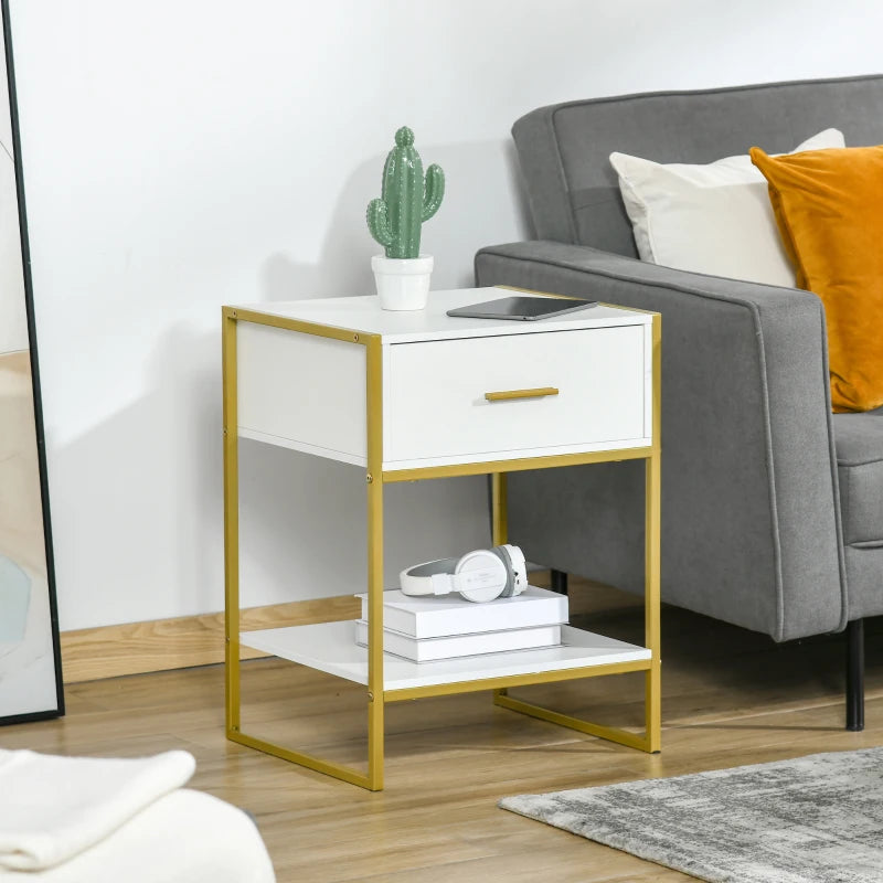 HOMCOM Modern Bedside Table, Nightstand with Drawer Shelf, Side Table, White and Gold