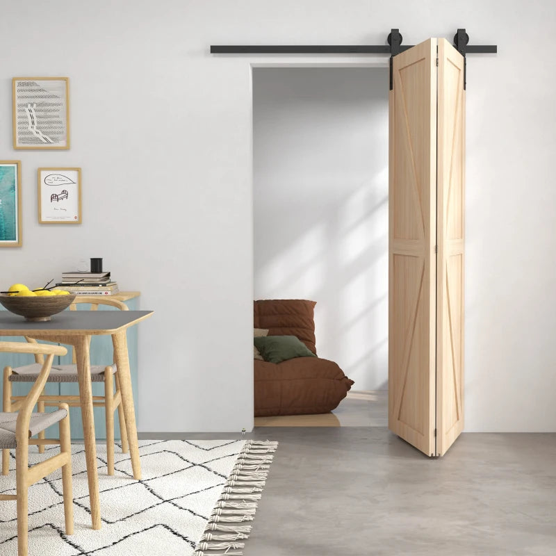 Homcom 5ft Heavy Duty Bi-Folding Sliding Barn Door Hardware Kit, 2 Doors, Black