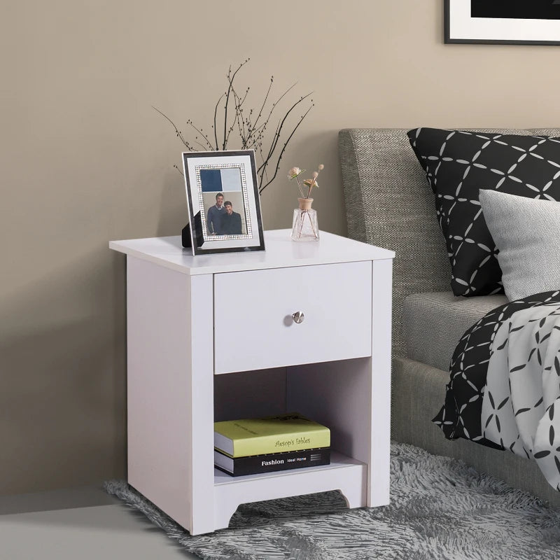 HOMCOM Modern Bedside Table, Nightstand with Drawer Shelf for Living room. White