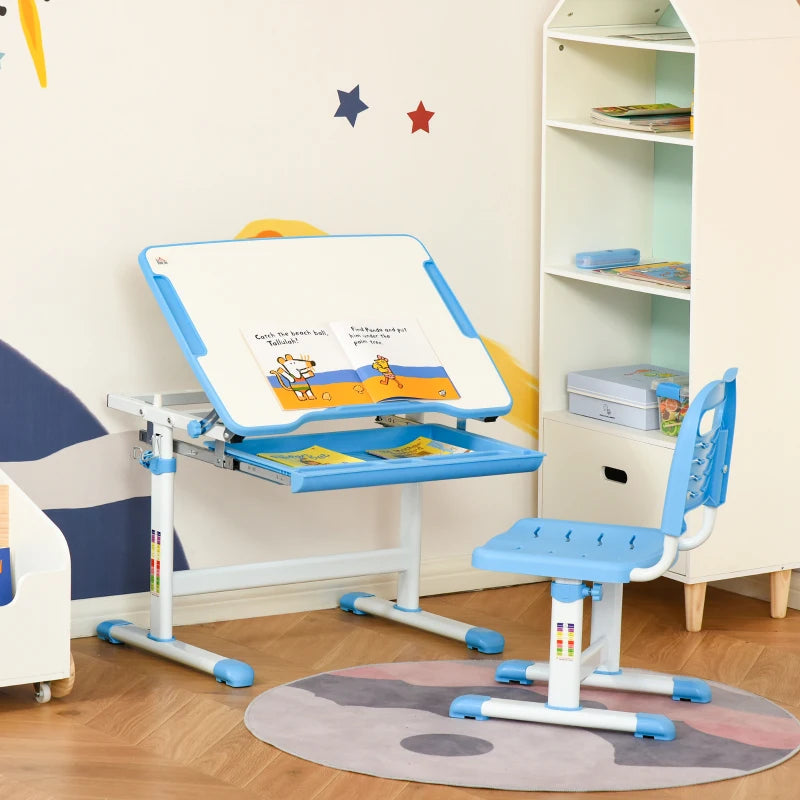 HOMCOM Kids Desk and Chair Set, Adjustable Study Table with Desktop, Drawer, Blue