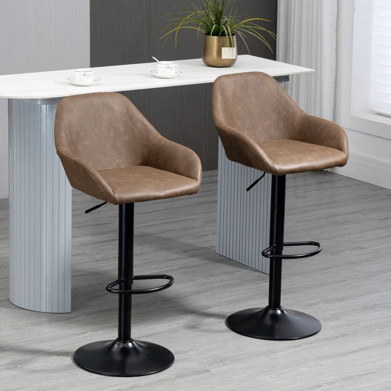 HOMCOM Set of 2 Swivel PU Leather and Steel Base Bar Stools with Footrest & Backrest, Dark Brown