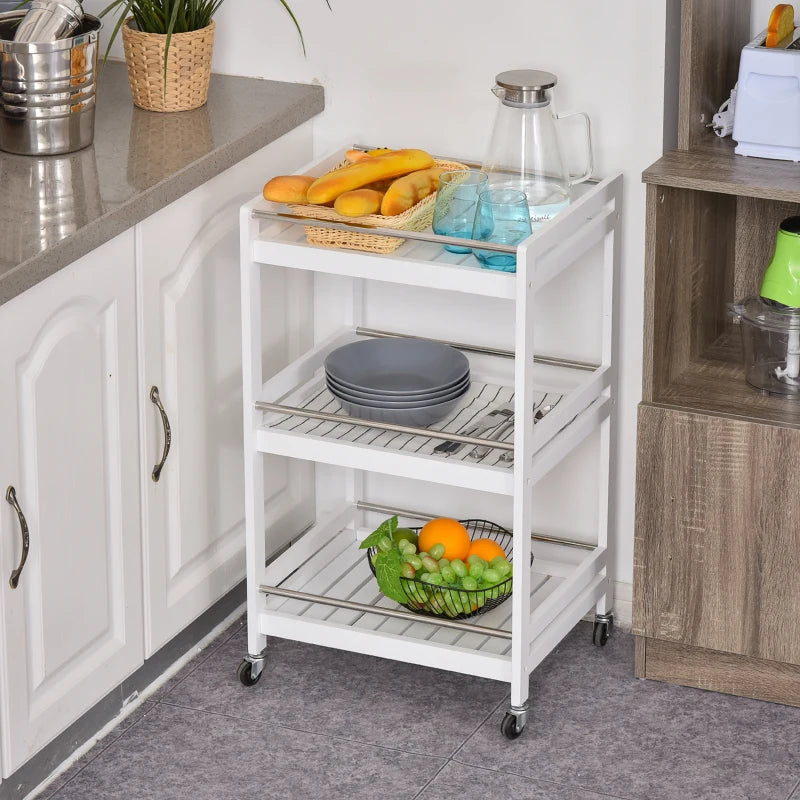 HOMCOM 3-Tier Home Kitchen Storage Cart with Steel Bars & Rolling Wheels, White
