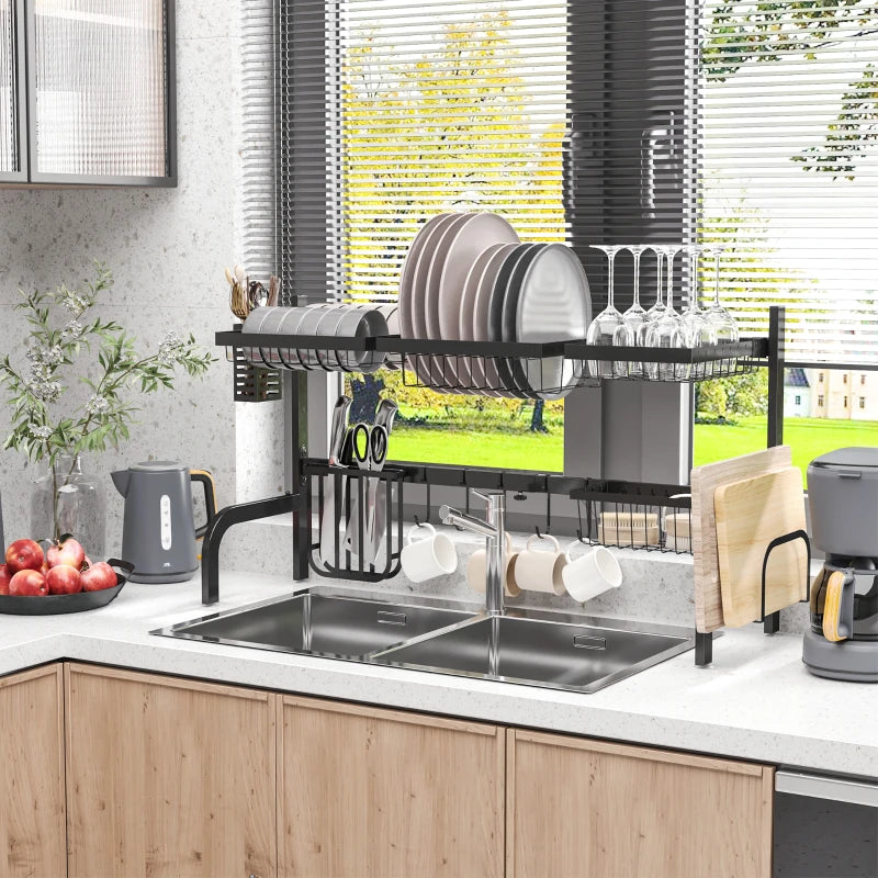 HOMCOM Space Saving 2-Tier Adjustable Dish Drainer Over The Sink Dish Rack, Black