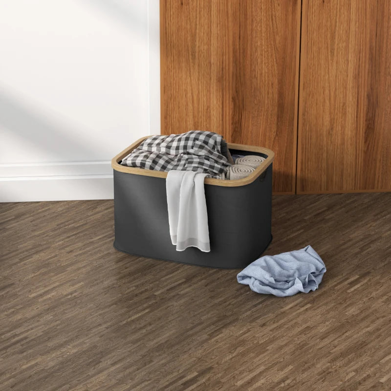 HOMCOM 36L Foldable Laundry Basket, with Bamboo Top, Black