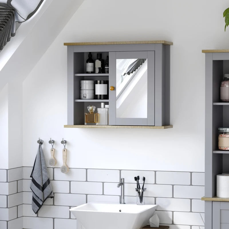 Kleankin Bathroom Wall Mirror Cabinet, Cupboard with Door, Storage Cabinet with Adjustable Shelf, Grey