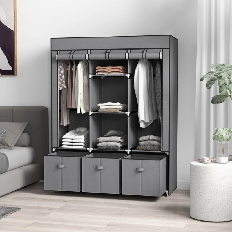 HOMCOM Fabric Wardrobe with 5 Shelves, 2 Rails & 3 Drawers, 125x43x162.5cm, Grey