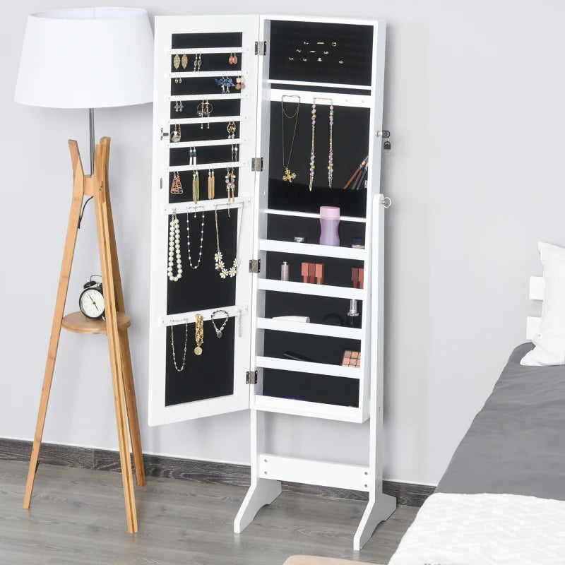 HOMCOM Jewelry Cabinet Standing Mirror Full Length Makeup Lockable Storage, White