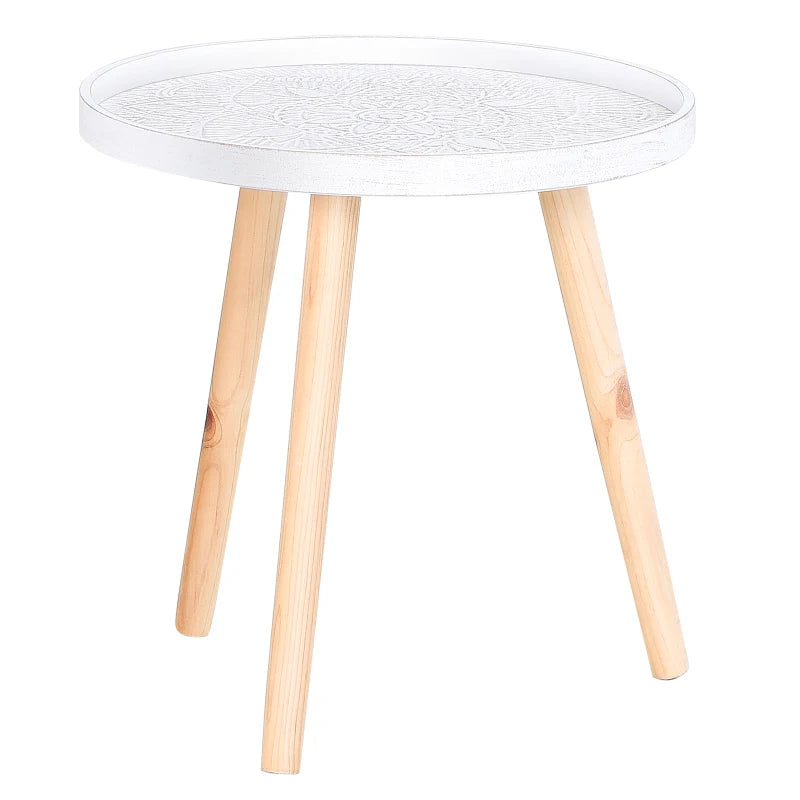HOMCOM Carved Floral Round Coffee Table with Tray-style Top & Wood Legs, White