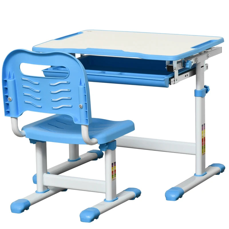 HOMCOM Kids Desk and Chair Set, Adjustable Study Table with Desktop, Drawer, Blue