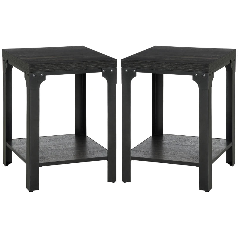 HOMCOM Side Table Set of 2 with Storage Shelf, Steel Frame and Thickened Top, Dark Walnut