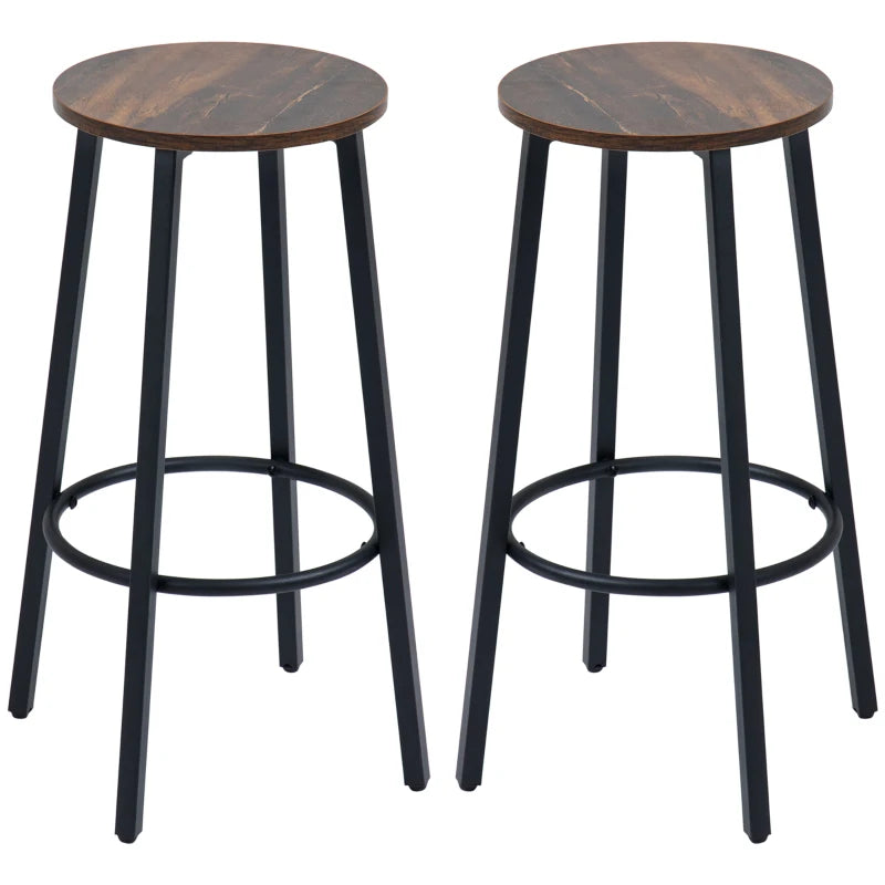 HOMCOM Set of 2 Bar Stools with Sturdy Steel Frame, 65cm High Seat, Rustic Brown