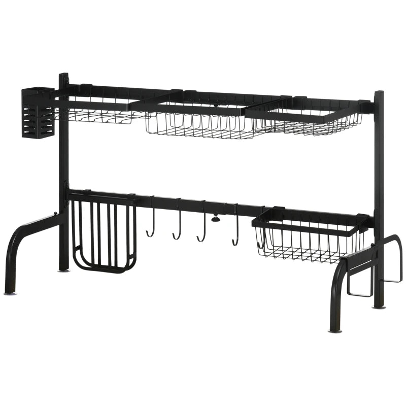 HOMCOM Space Saving 2-Tier Adjustable Dish Drainer Over The Sink Dish Rack, Black