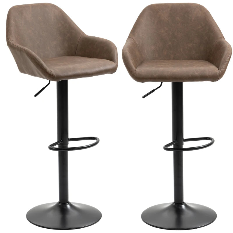 HOMCOM Set of 2 Swivel PU Leather and Steel Base Bar Stools with Footrest & Backrest, Dark Brown