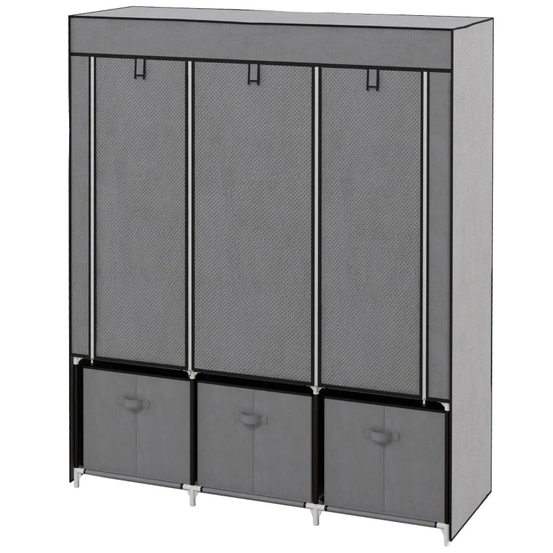 HOMCOM Fabric Wardrobe with 5 Shelves, 2 Rails & 3 Drawers, 125x43x162.5cm, Grey