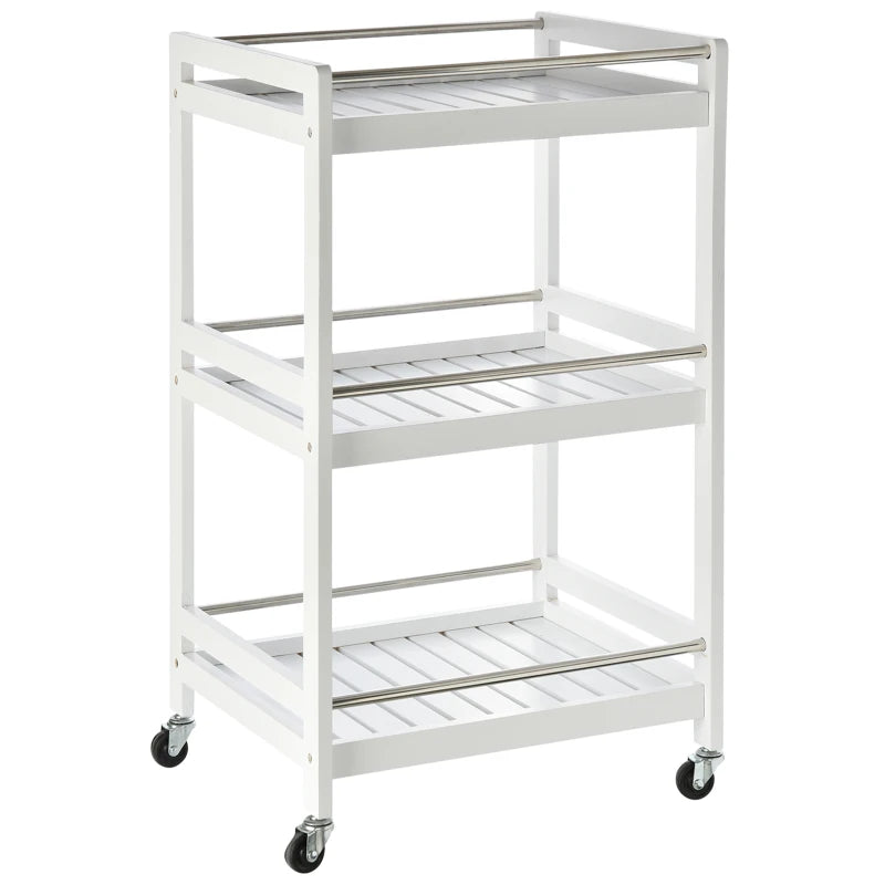 HOMCOM 3-Tier Home Kitchen Storage Cart with Steel Bars & Rolling Wheels, White