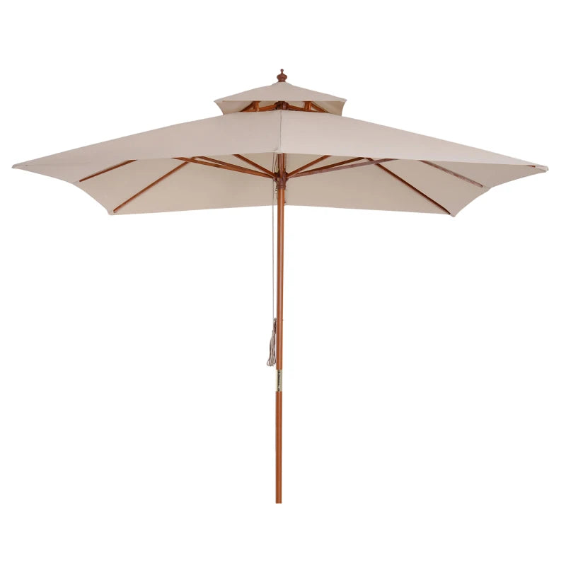 Outsunny 3m x 3m Wooden Parasol Patio Garden Umbrella Sunshade Canopy 2-Tier, Beige