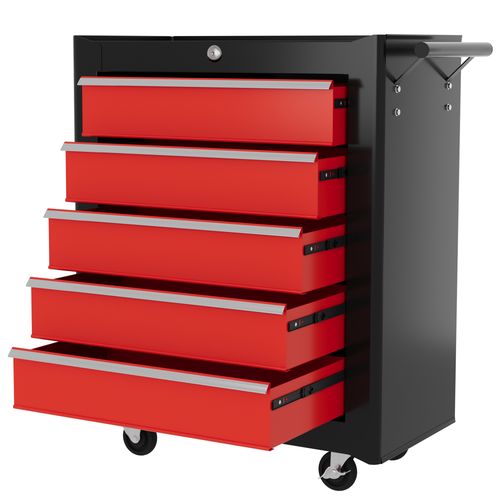 5 - Drawer Tool HOMCOM Chest Steel Lockable Tool Storage Cabinet with Wheels Red