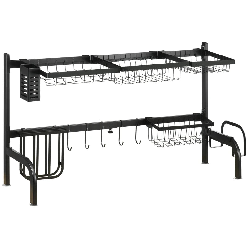 HOMCOM Space Saving 2-Tier Adjustable Dish Drainer Over The Sink Dish Rack, Black