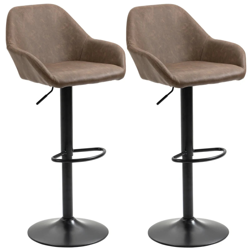 HOMCOM Set of 2 Swivel PU Leather and Steel Base Bar Stools with Footrest & Backrest, Dark Brown