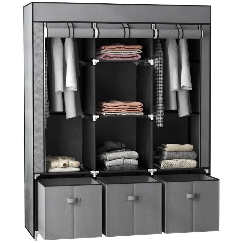 HOMCOM Fabric Wardrobe with 5 Shelves, 2 Rails & 3 Drawers, 125x43x162.5cm, Grey