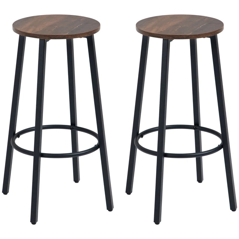 HOMCOM Set of 2 Bar Stools with Sturdy Steel Frame, 65cm High Seat, Rustic Brown