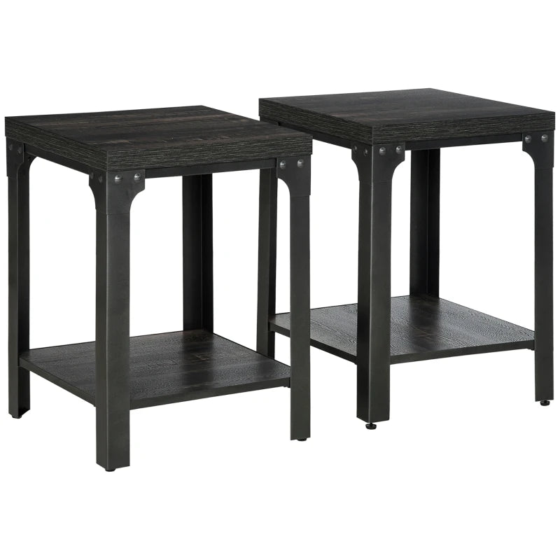 HOMCOM Side Table Set of 2 with Storage Shelf, Steel Frame and Thickened Top, Dark Walnut