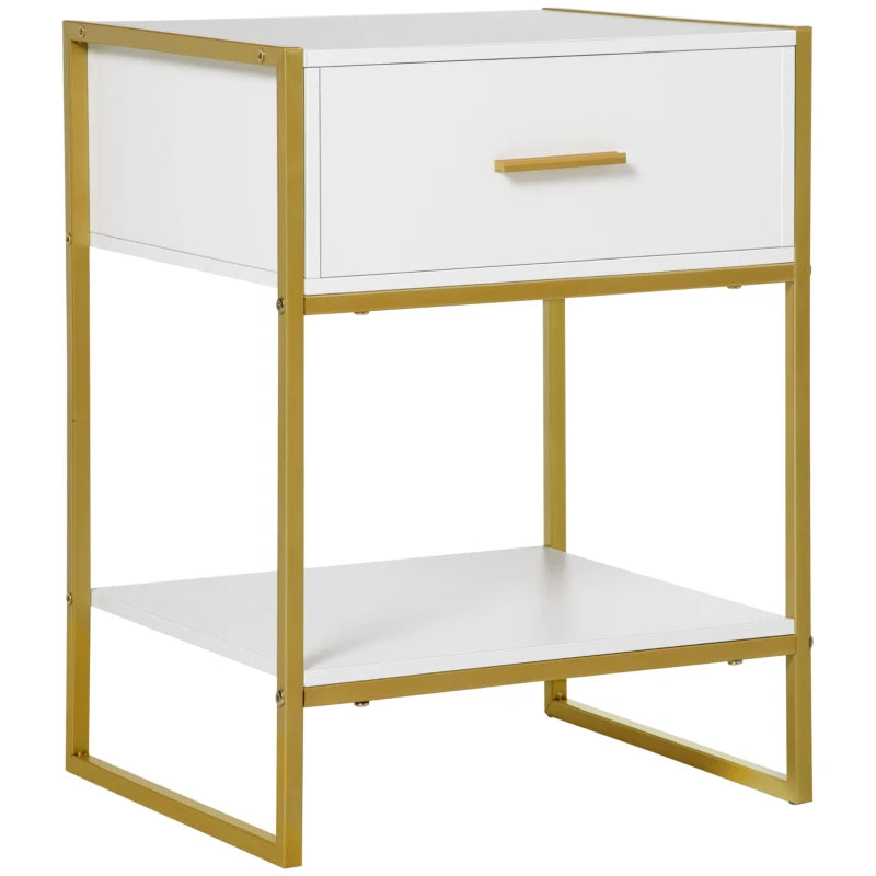 HOMCOM Modern Bedside Table, Nightstand with Drawer Shelf, Side Table, White and Gold