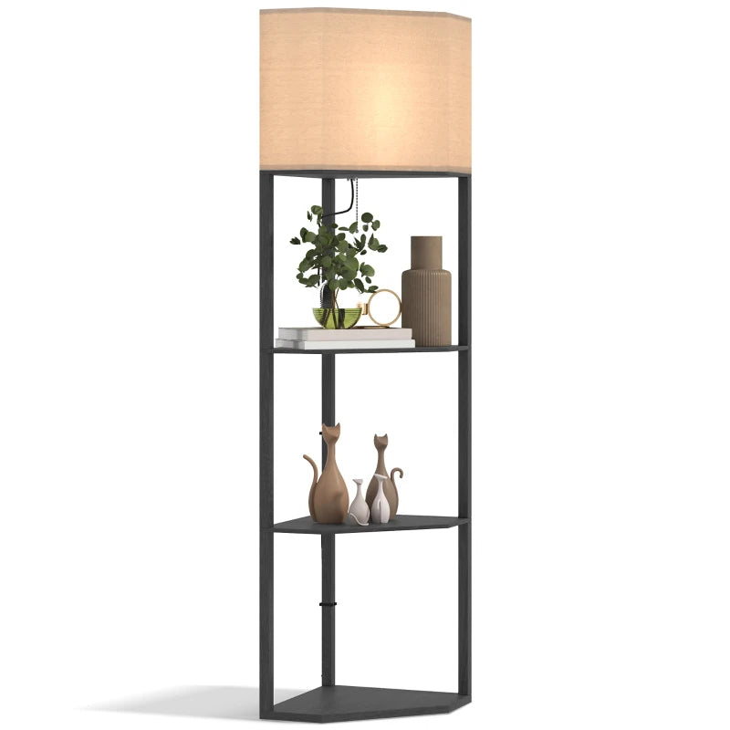 HOMCOM Corner Floor Lamp with Shelves, Modern Tall Standing Lamps with Chain Switch, Black