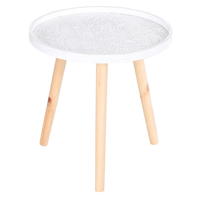 HOMCOM Carved Floral Round Coffee Table with Tray-style Top & Wood Legs, White