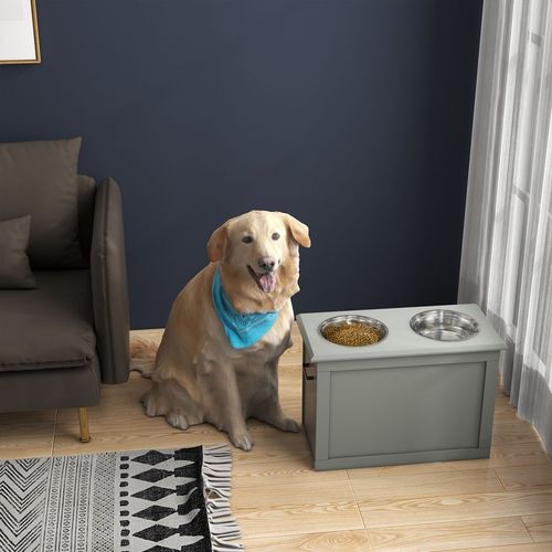 PawHut Raised 2 Stainless Bowls Pet Bowls w/ Storage, Elevated Base-Grey- Medium
