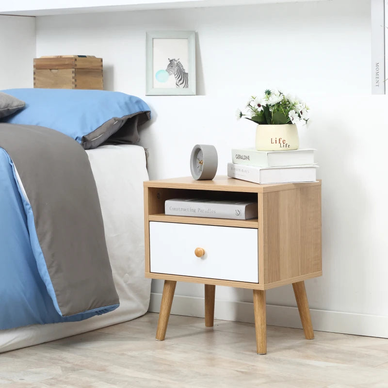 HOMCOM Bedside Table with Drawer & Shelf, Modern Nightstand End Table, Natural