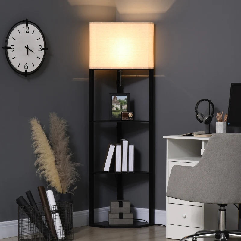 HOMCOM Corner Floor Lamp with Shelves, Modern Tall Standing Lamps with Chain Switch, Black