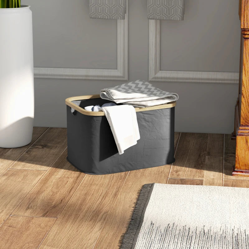 HOMCOM 36L Foldable Laundry Basket, with Bamboo Top, Black