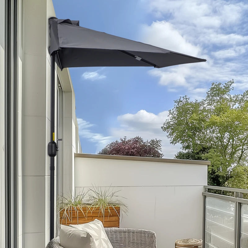Outsunny 2.7m Garden Half Parasol, Balcony Umbrella Shade with 5 Steel Ribs, Grey
