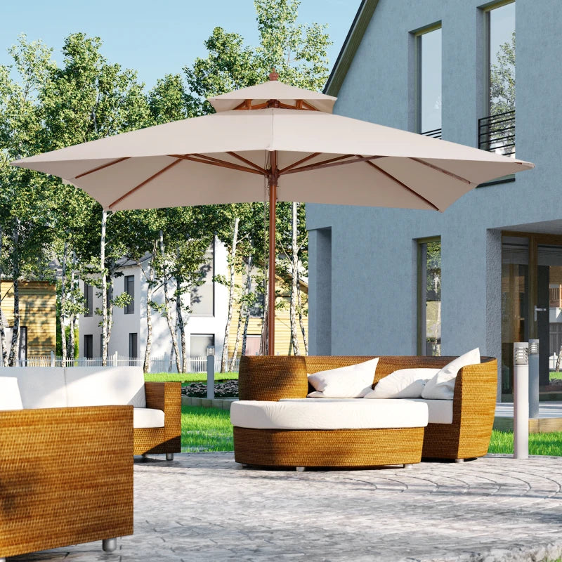Outsunny 3m x 3m Wooden Parasol Patio Garden Umbrella Sunshade Canopy 2-Tier, Beige