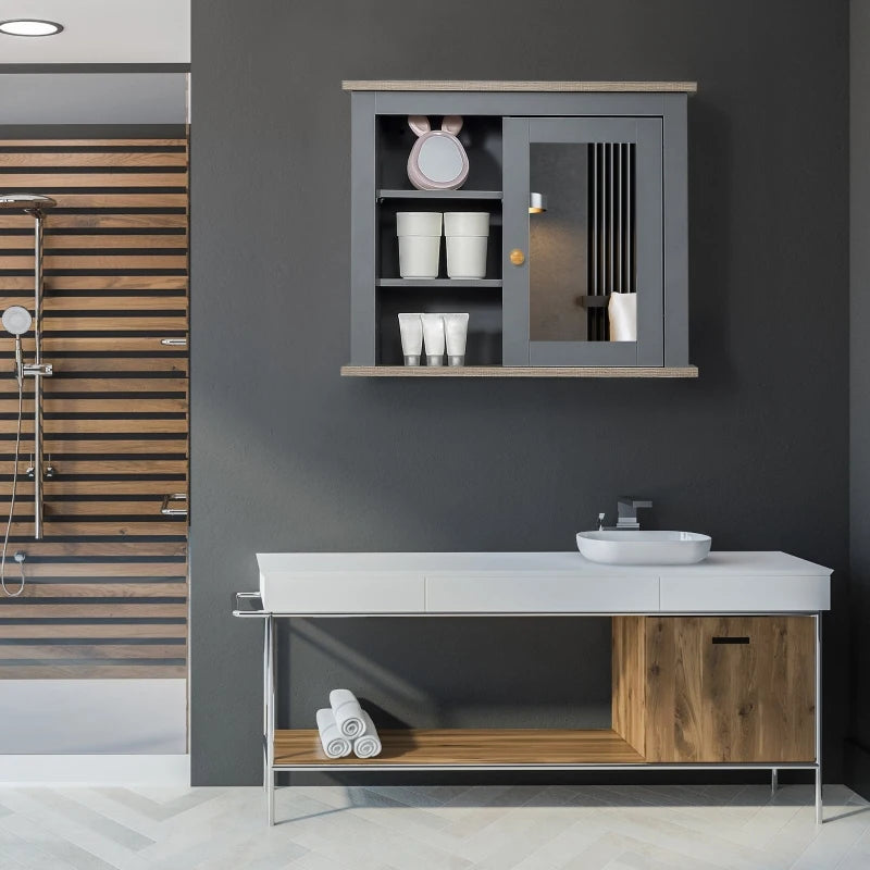 Kleankin Bathroom Wall Mirror Cabinet, Cupboard with Door, Storage Cabinet with Adjustable Shelf, Grey