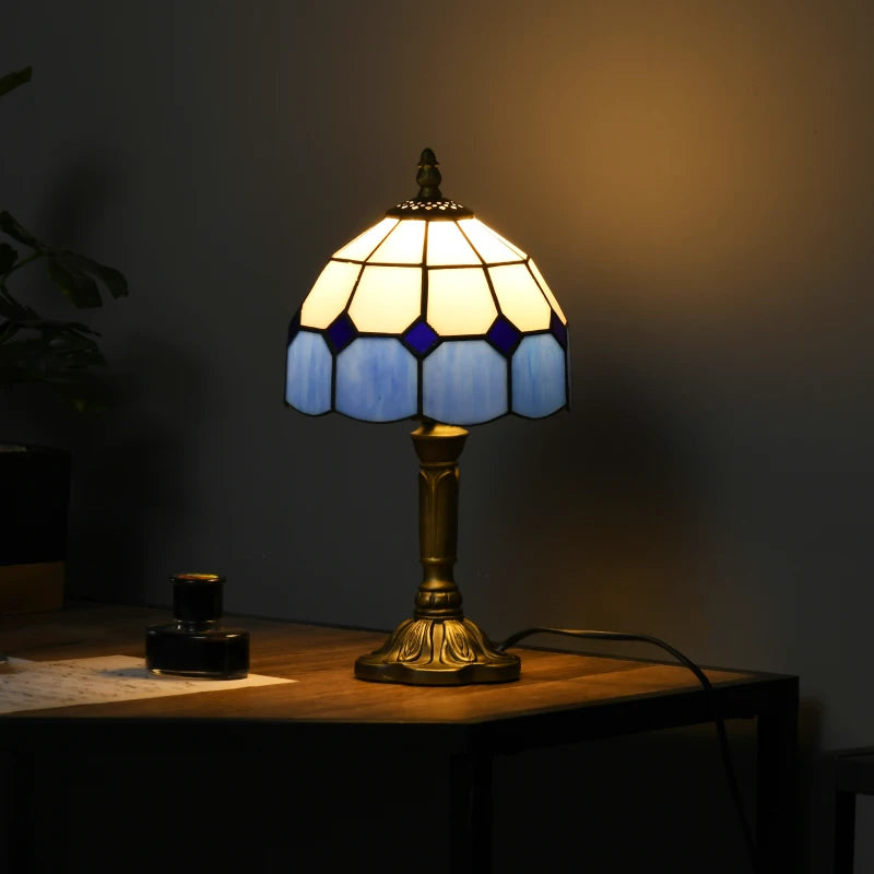 HOMCOM Handmade Stained Glass Table Lamp, Antique Bedside Decorative Night Light, Blue