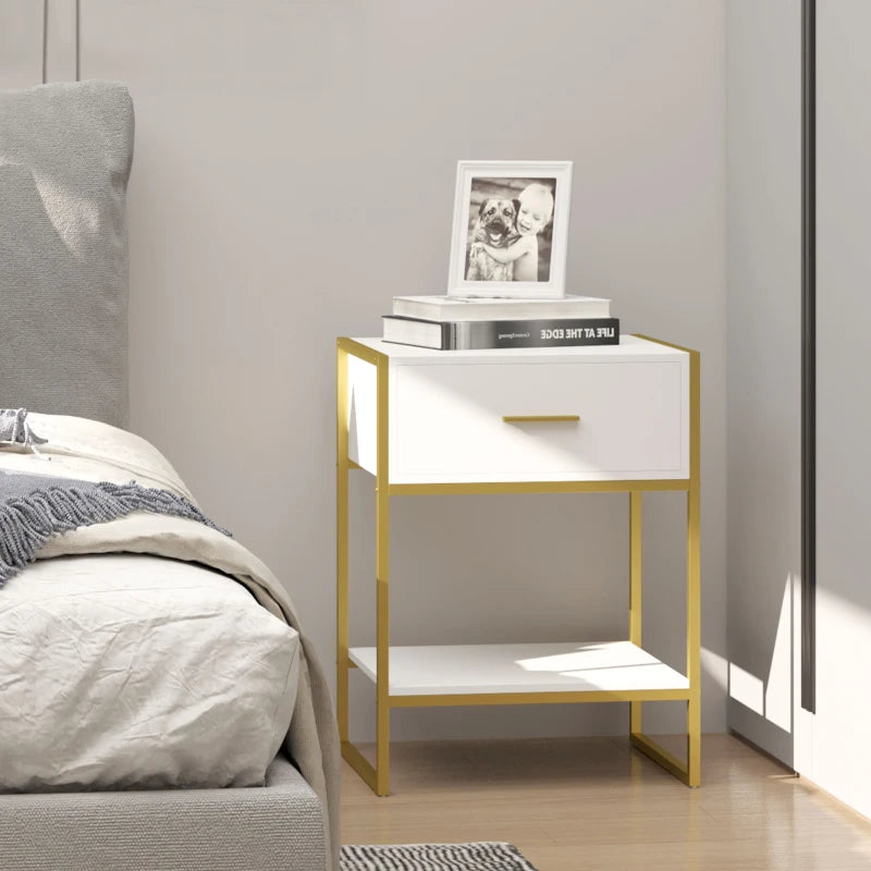 HOMCOM Modern Bedside Table, Nightstand with Drawer Shelf, Side Table, White and Gold