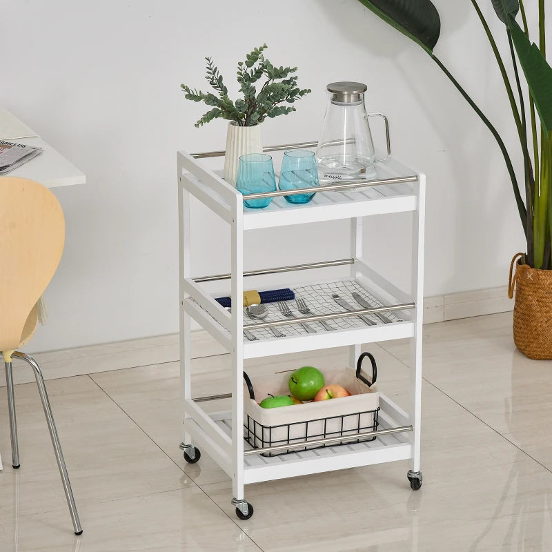 HOMCOM 3-Tier Home Kitchen Storage Cart with Steel Bars & Rolling Wheels, White
