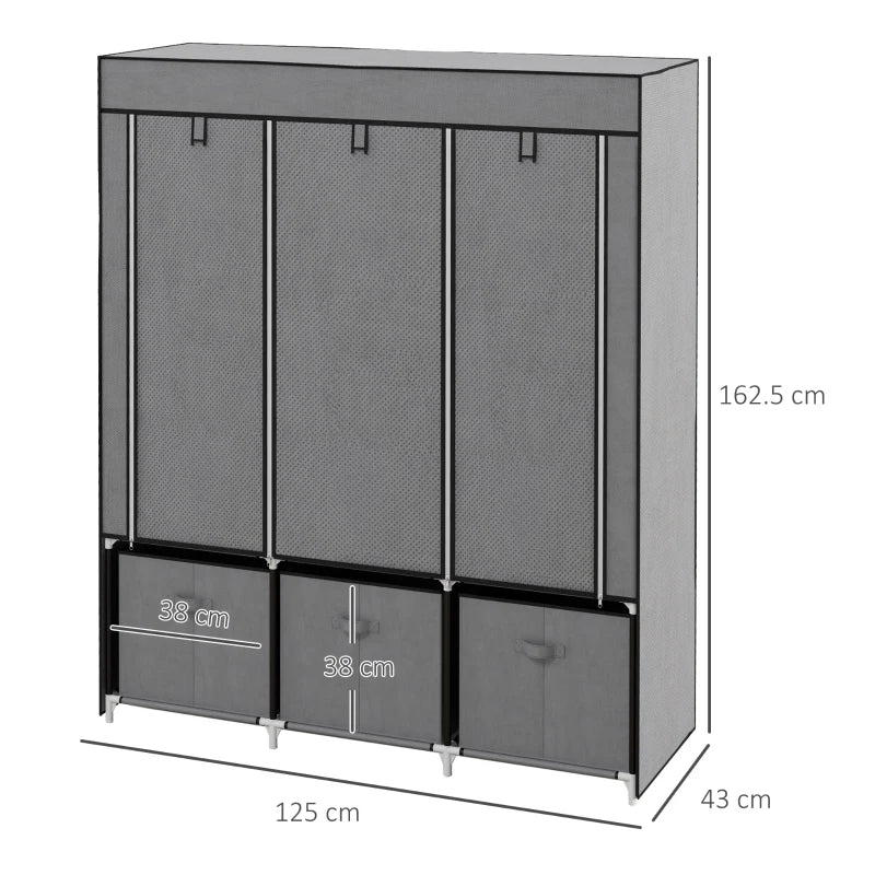 HOMCOM Fabric Wardrobe with 5 Shelves, 2 Rails & 3 Drawers, 125x43x162.5cm, Grey