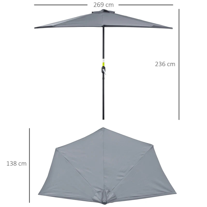 Outsunny 2.7m Garden Half Parasol, Balcony Umbrella Shade with 5 Steel Ribs, Grey