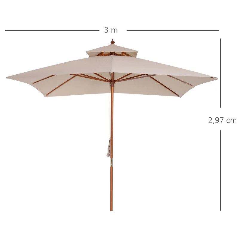 Outsunny 3m x 3m Wooden Parasol Patio Garden Umbrella Sunshade Canopy 2-Tier, Beige