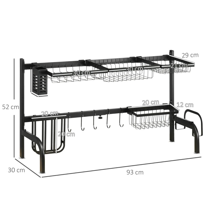 HOMCOM Space Saving 2-Tier Adjustable Dish Drainer Over The Sink Dish Rack, Black
