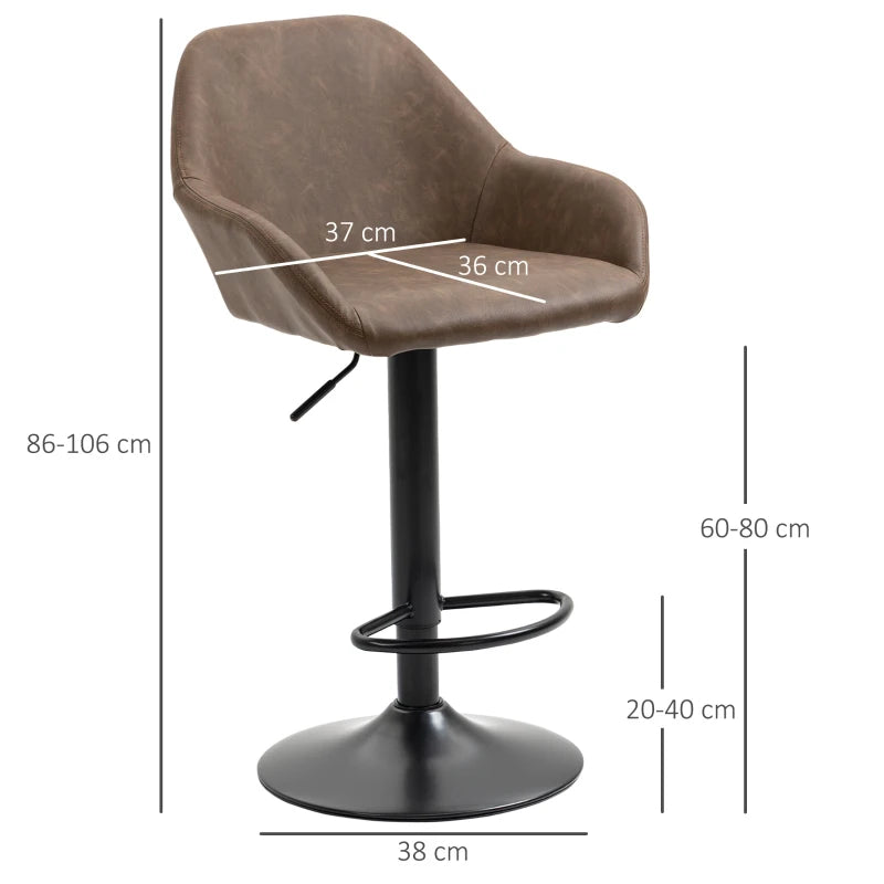 HOMCOM Set of 2 Swivel PU Leather and Steel Base Bar Stools with Footrest & Backrest, Dark Brown