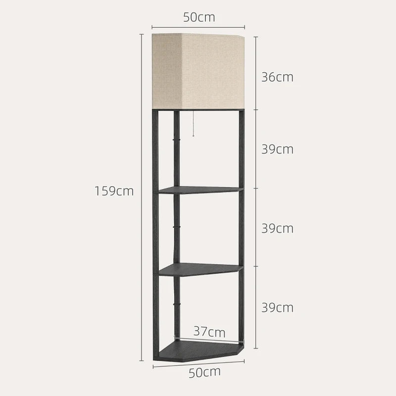 HOMCOM Corner Floor Lamp with Shelves, Modern Tall Standing Lamps with Chain Switch, Black