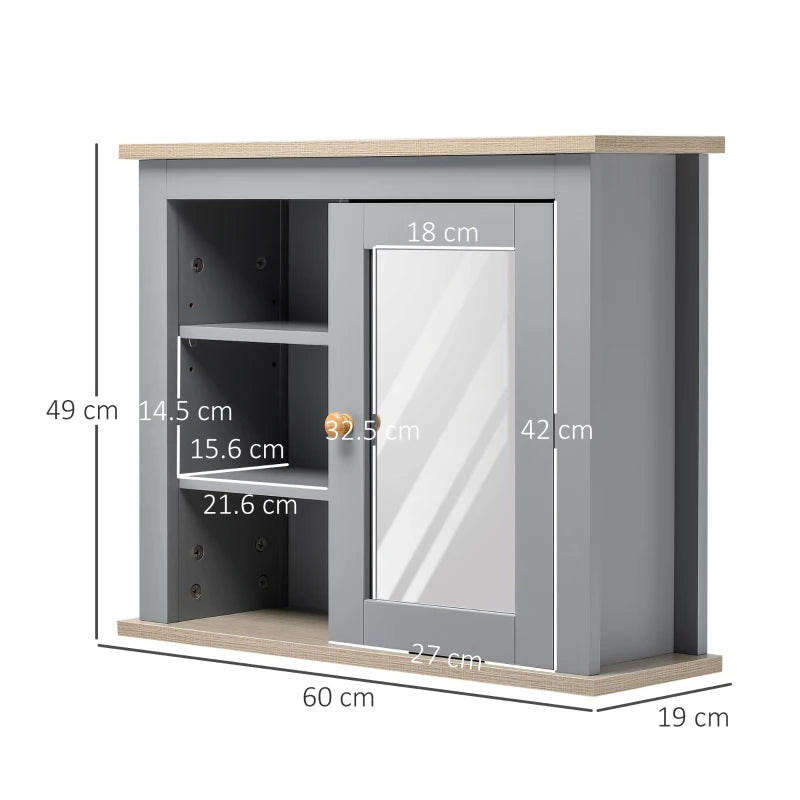 Kleankin Bathroom Wall Mirror Cabinet, Cupboard with Door, Storage Cabinet with Adjustable Shelf, Grey