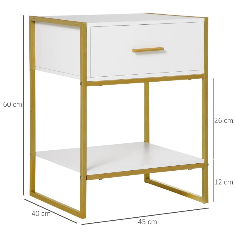 HOMCOM Modern Bedside Table, Nightstand with Drawer Shelf, Side Table, White and Gold