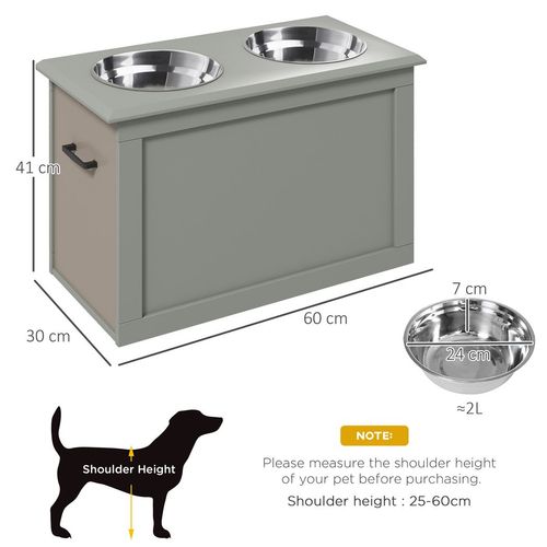 PawHut Raised 2 Stainless Bowls Pet Bowls w/ Storage, Elevated Base-Grey- Medium