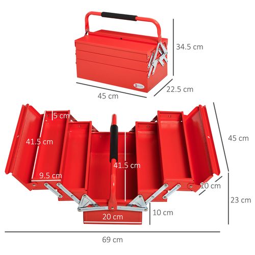 Professional Metal Tool Box 3 Tier 5 Tray With Carry Handle, 45x22.5x34.5 cm, Red
